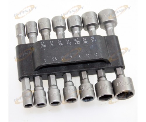 14pc Power Nut Driver Set Dual Metric MM & Standard SAE 1/4" Shank CRV